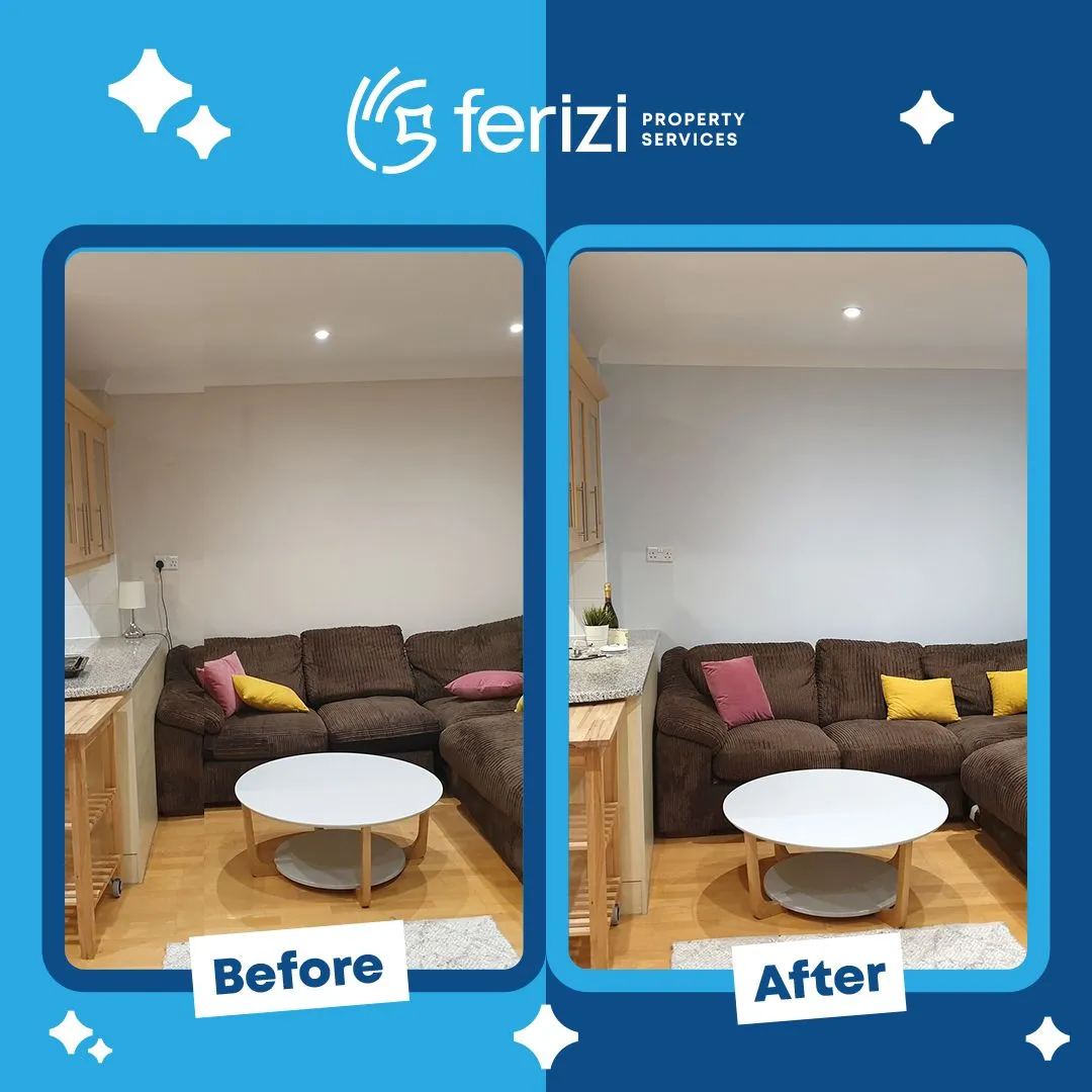 Before and after of a Brixton open-plan kitchen living room repainted