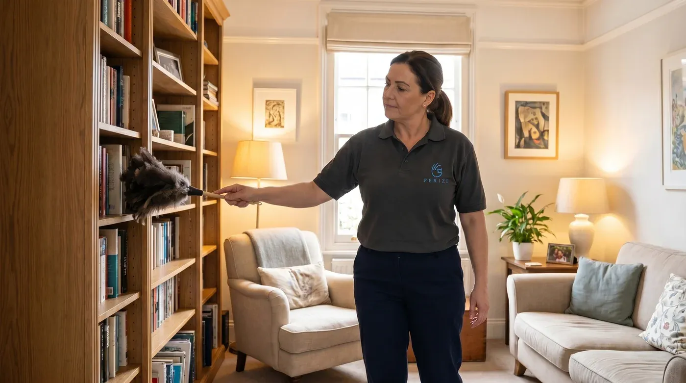 Professional cleaner dusting shelves in a London home by Ferizi Property Services