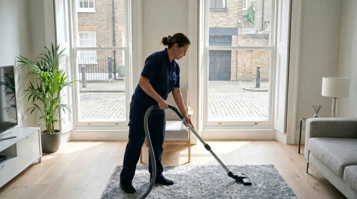 Professional cleaner vacuuming a London flat living room by Ferizi Property Services
