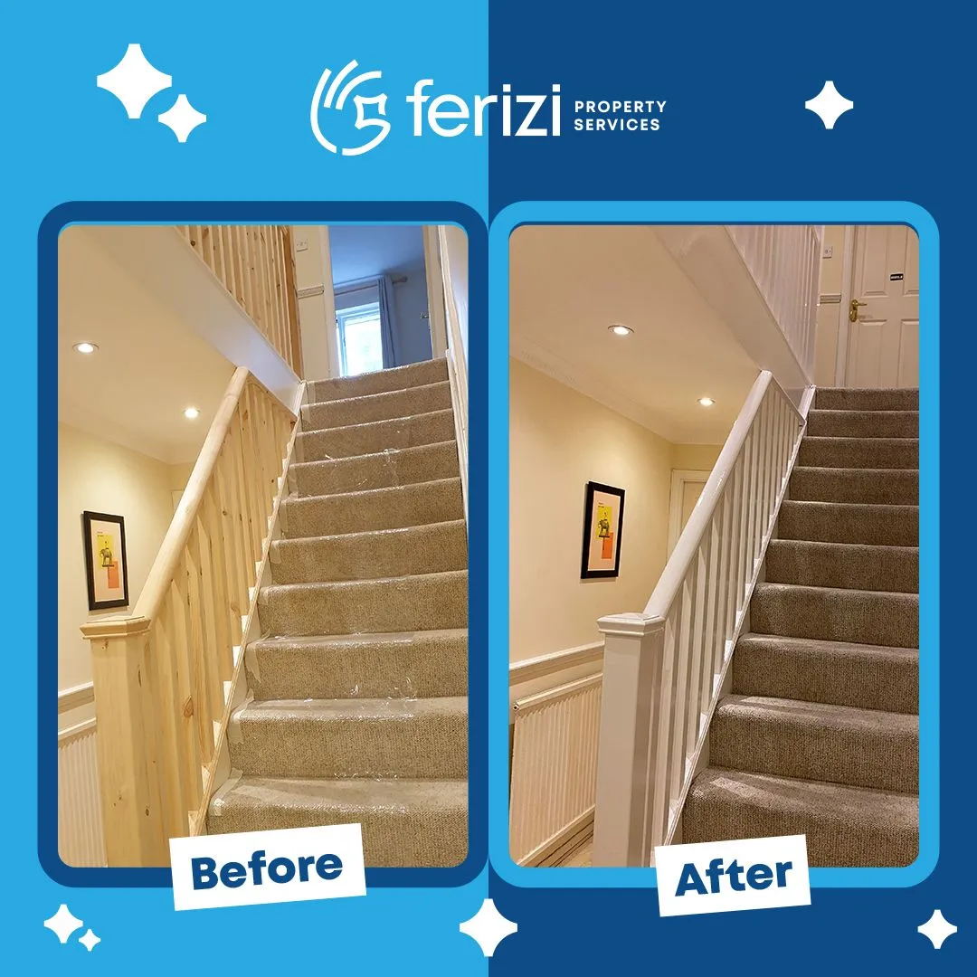 Before and after of an Elephant and Castle room, exposed brick plasterboarded and painted by Ferizi