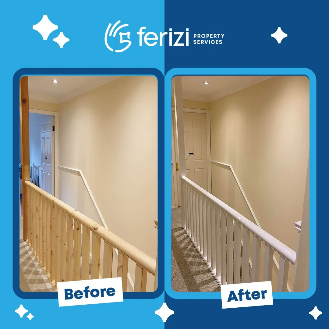 Before and after of an Elephant and Castle stairwell repainted by Ferizi
