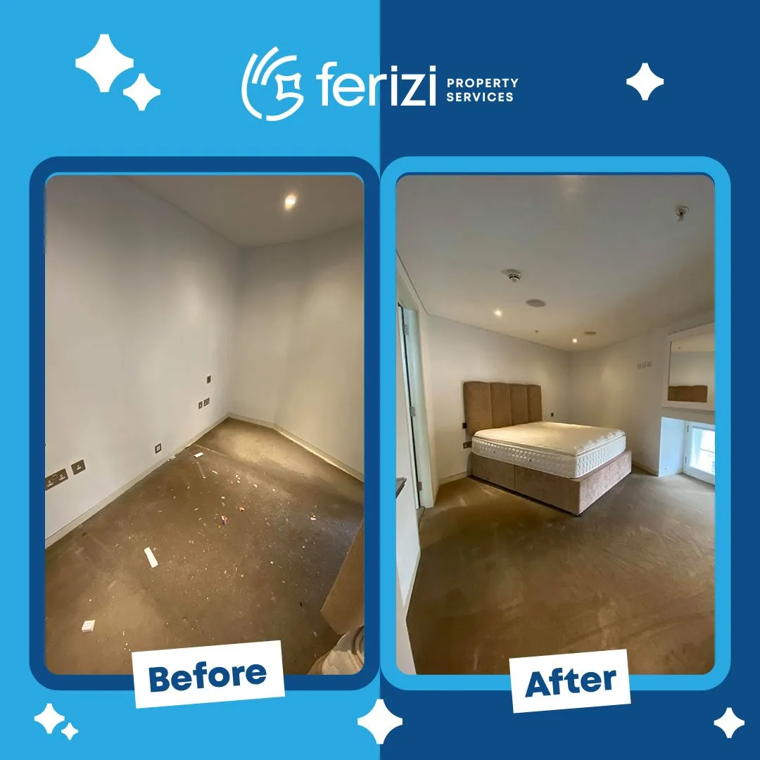 Before and after of a bedroom cleared and cleaned ready for new tenants
