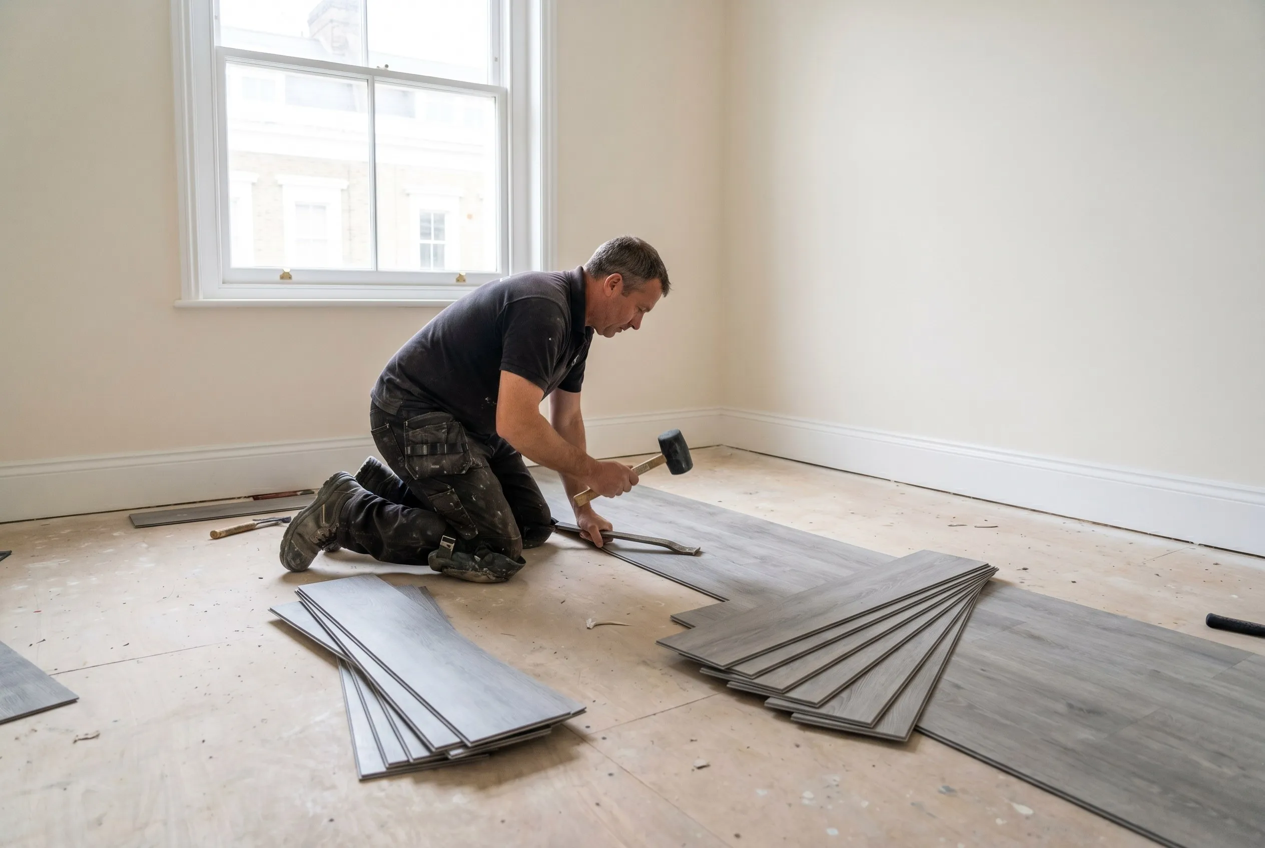LVT flooring being laid in a London flat by Ferizi Property Services