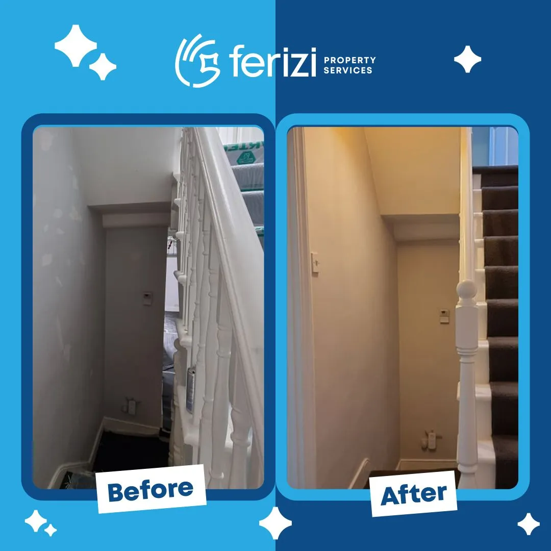 Before and after of a Greenwich stairwell with patched walls repainted