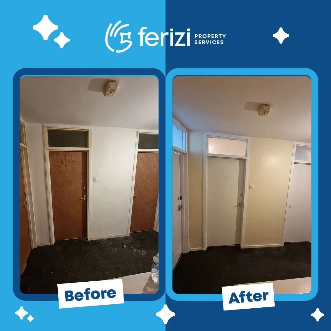 Before and after of an HMO hallway in Hackney with doors and walls repainted