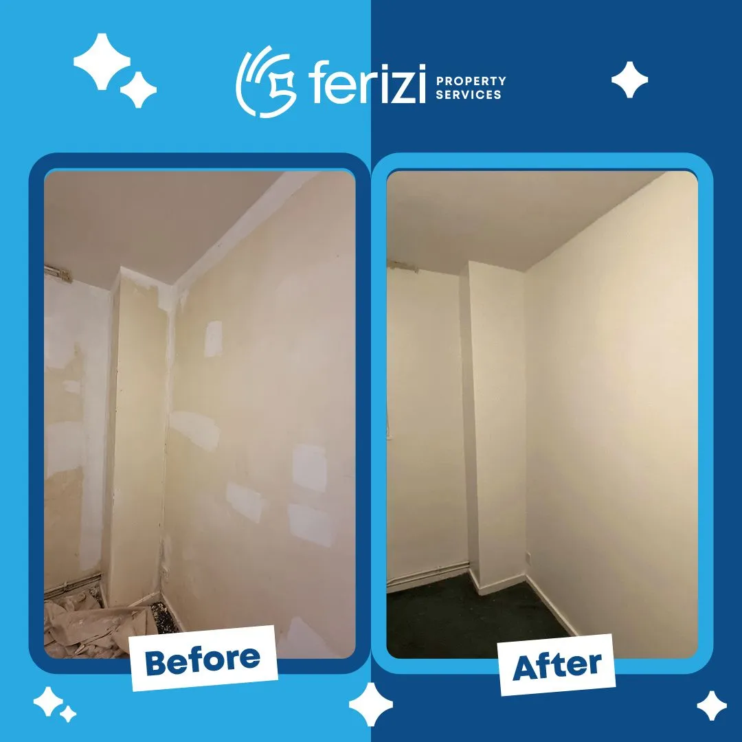 Before and after of a Hackney room with patched plaster repaired and walls repainted