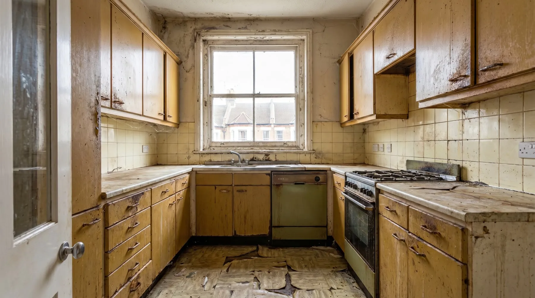 Kitchen before refurbishment showing original dated units and layout in a London property by Ferizi