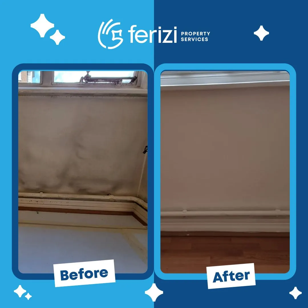 Before and after of a damp-stained wall near Regent's Park repaired and repainted