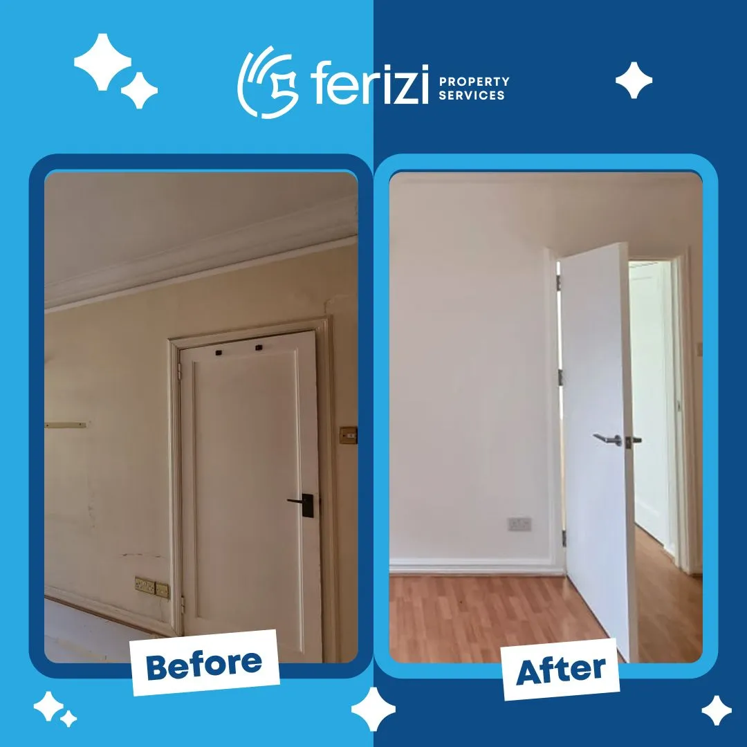 Before and after of a Regent's Park room with door and walls repainted and new flooring