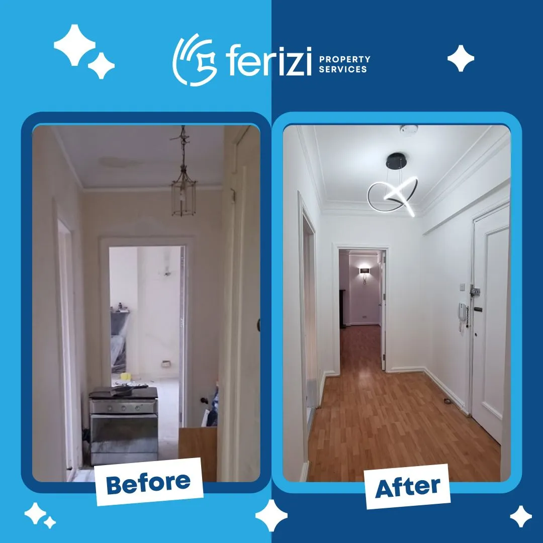 Before and after of a Regent's Park hallway refurbished with paint, lighting and flooring