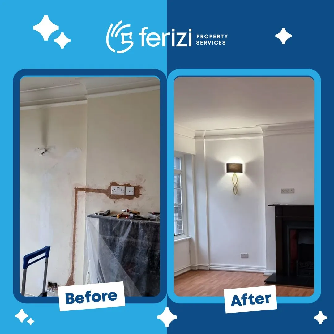 Before and after of a chased and replastered wall near Regent's Park repainted