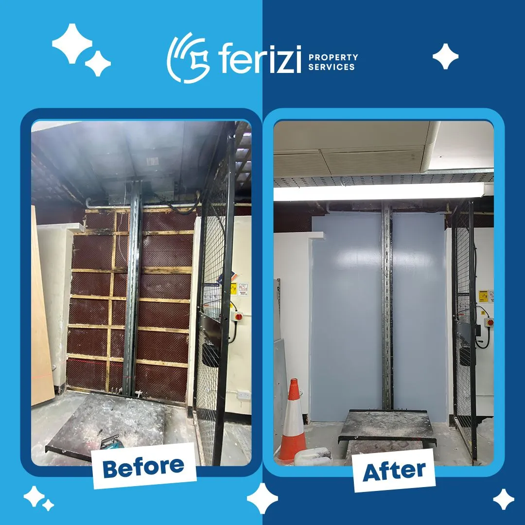 Before and after of a West End commercial space boarded, plastered and finished